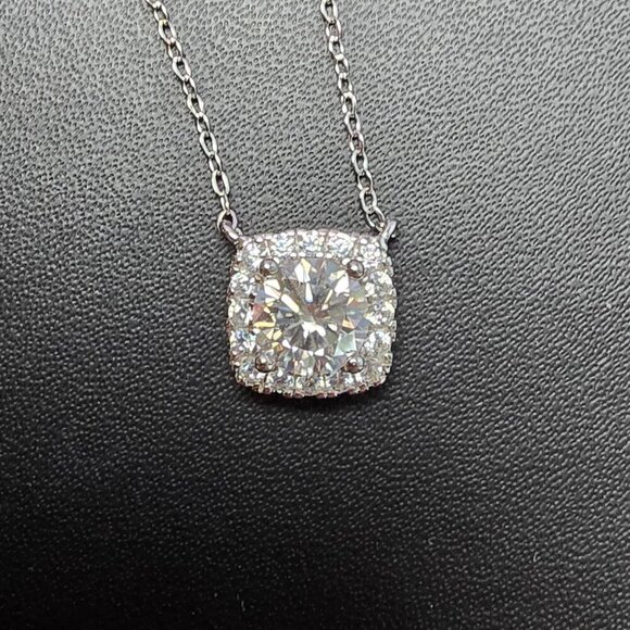 Round Cut Moissanite in Square Halo of CZ in Sterling Silver - Picture 2 of 9